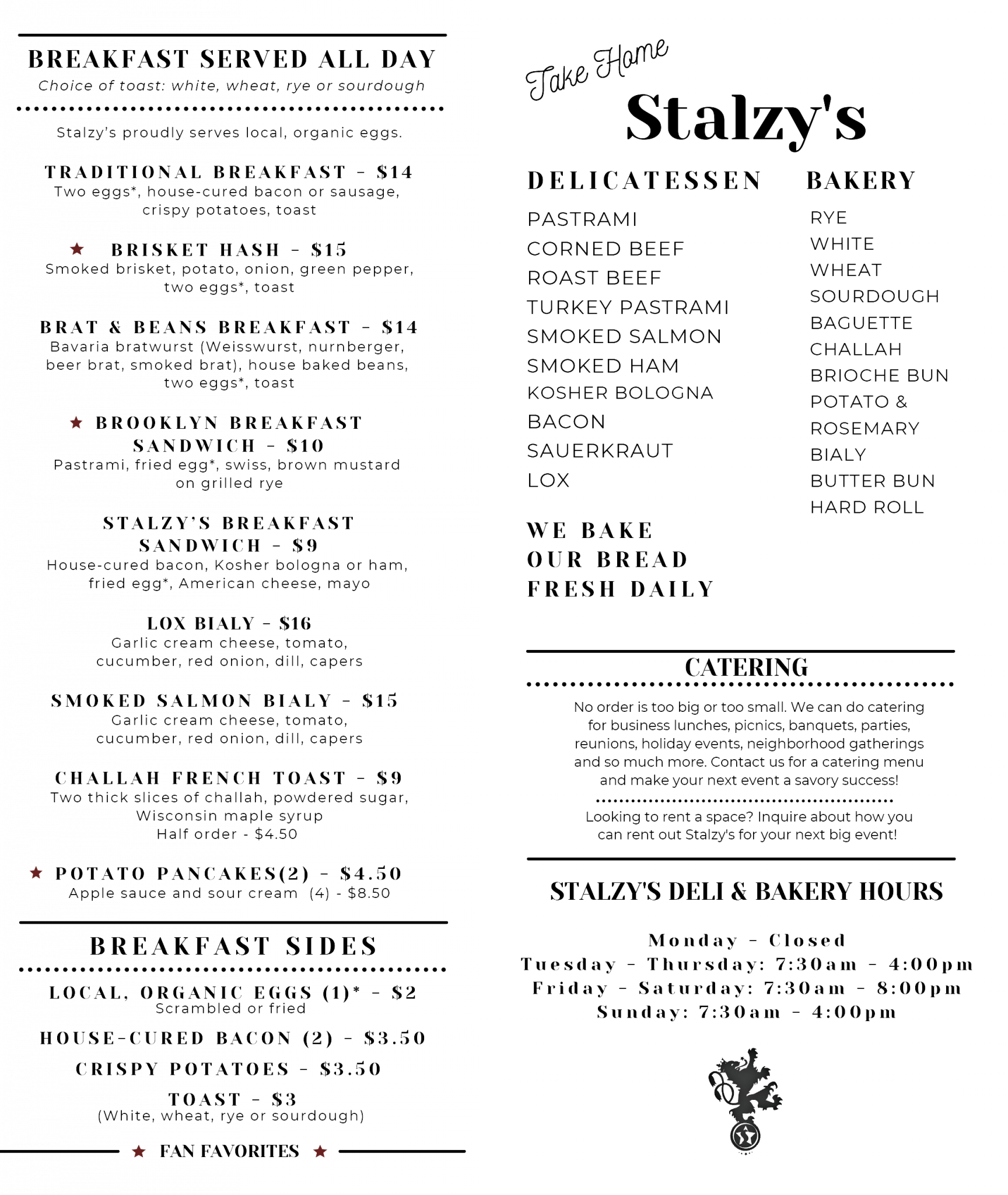 Menu Stalzy's Deli & Bakery