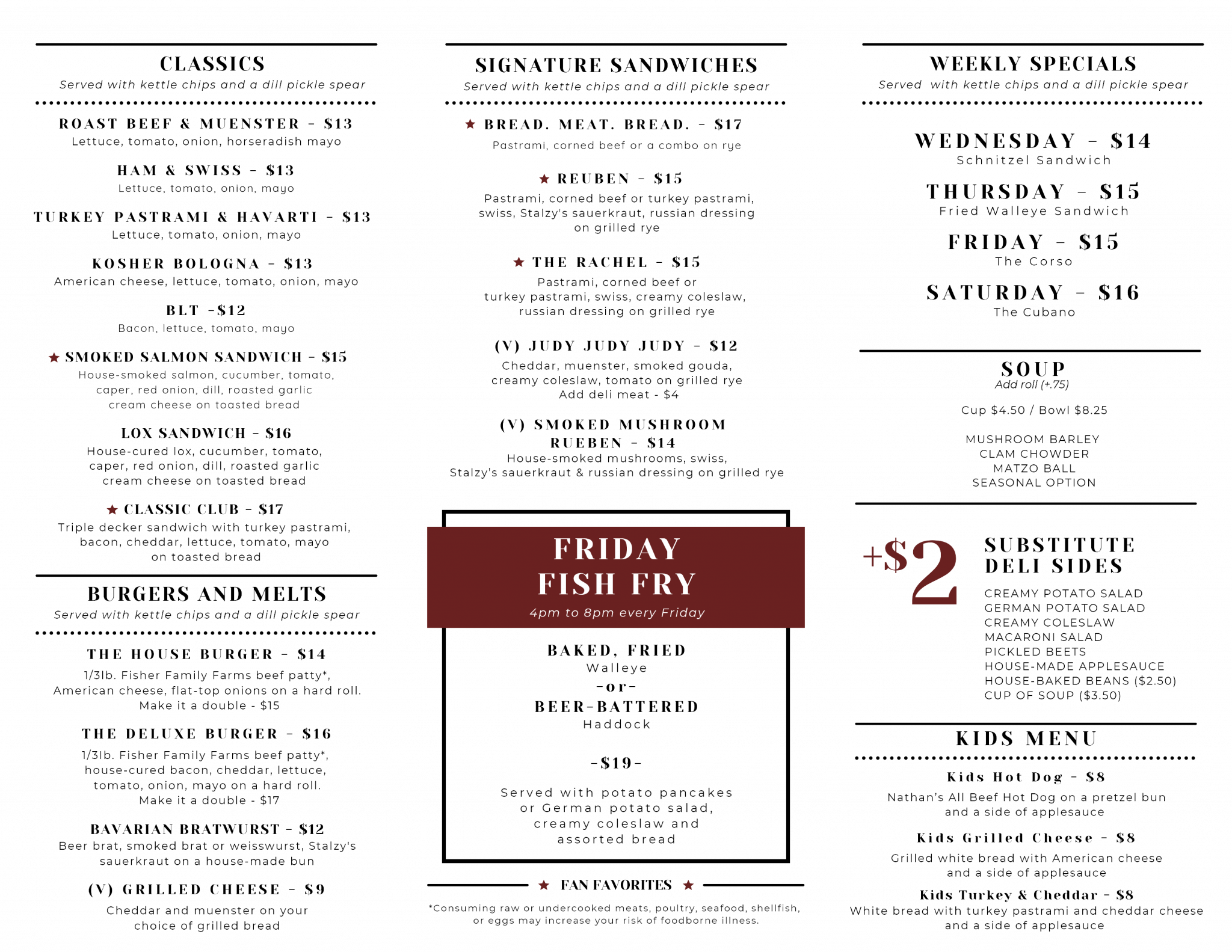 Menu Stalzy's Deli & Bakery